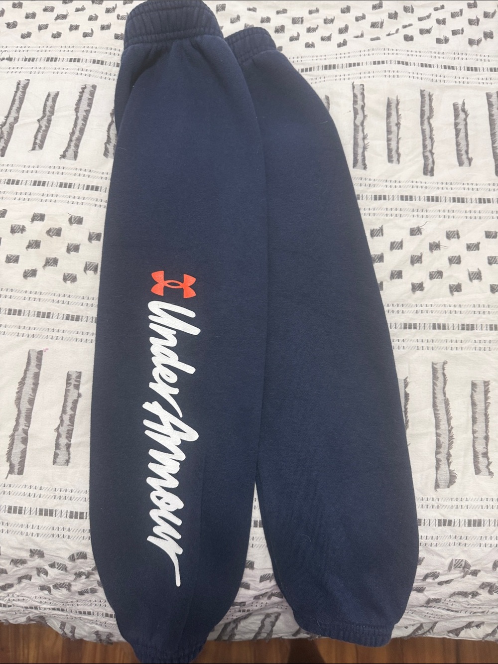 Under Armour Navy Sweatpants with White Script and Orange Logo